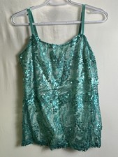 Womens Green Sequin Camisole Top Sparkle Adjustable Spaghetti Strap Sz M