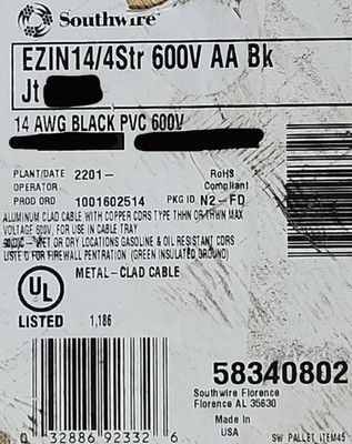 Southwire 14/4C EZ-IN Mini-Split THHN PVC+MC 600V 90C Direct Burial Black /10ft
