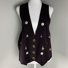 Vintage Brown Deep V Vest W/ Gold Charms Bells, Fits Large Women 4 Button