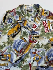 Pacific Legend Hawaiian Shirt Men Short Sleeve Route 66 Classic Cars SZ Large