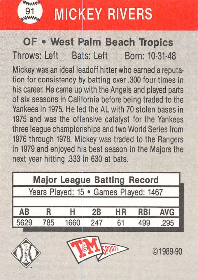 Mickey Rivers 1989 T&M Senior League 91    Baseball Card - Image 2 of 2
