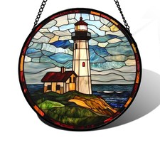 Stained Glass Window Hanging, Ocean Lighthouse Sun Catchers Glass Panel Blue ...