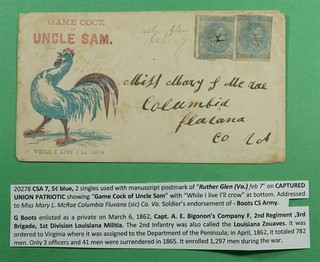 DR WHO 1860s CIVIL WAR CONFEDERATE #7 PATRIOTIC RUTHER GLEN VA M/S CANCEL R89094