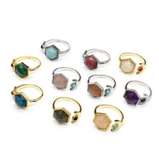 Adjustable natural gemstone hexagonal quartz crystal ring women's jewelry gifts