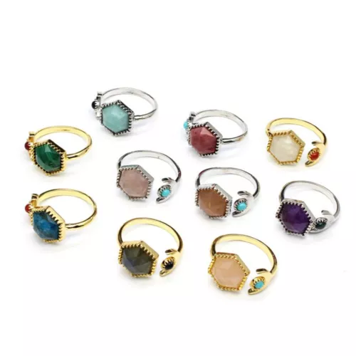 Adjustable natural gemstone hexagonal quartz crystal ring women's jewelry gifts
