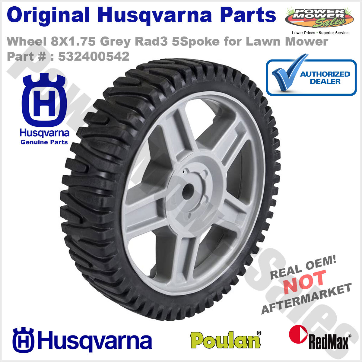 Husqvarna Wheel 8X1.75 Grey Rad3 5Spoke for Lawn Mower