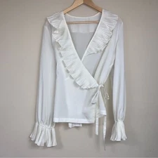 Ruffle Wrap Women's Blouse Minimalist Neutral Lightweight Top Fall Winter 