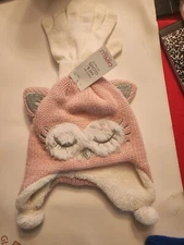 Capelli New York Owl 2-Piece Hat and Gloves Set Pink Faux Fur  