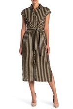1901 Olive Green Stripe Print Short Sleeve Cotton Shirt-Dress XS = 0/2 Nordstrom
