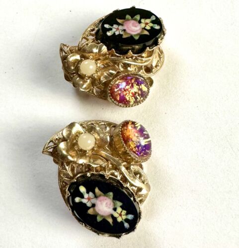 VTG Pietra Dura & Art Glass Confetti Easter Egg Flower Earrings Inlaid - Picture 4 of 6