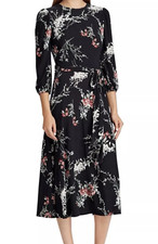 Ralph Lauren Black Floral Midi Dress Women 2 Knit Jersey Stretch Dark Cottage