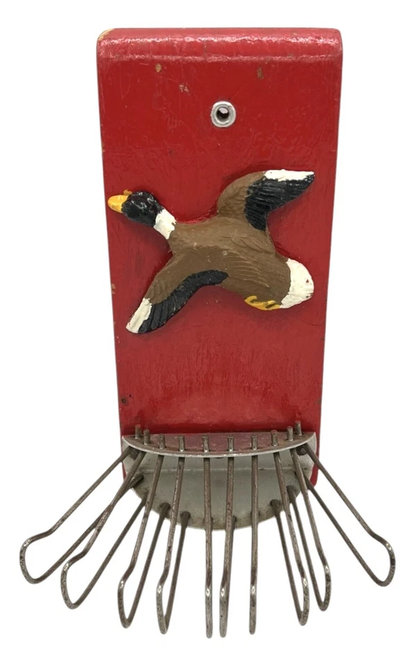 Corbata de cuello vintage hecha a mano madera pintada de rojo con pato mallardo volador cuelga Foto 3 de 4