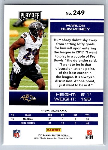 2017 Panini Playoff - Rookies Marlon Humphrey #249 (RC) - Picture 2 of 2