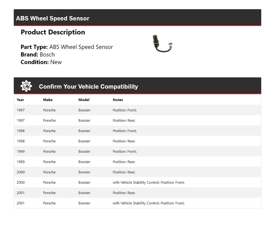 Датчик скорости колеса ABS для Porsche Boxster Bosch 1997-2001 годов выпуска 1998 1999 2000 годов выпуска - Изображение 2 из 3