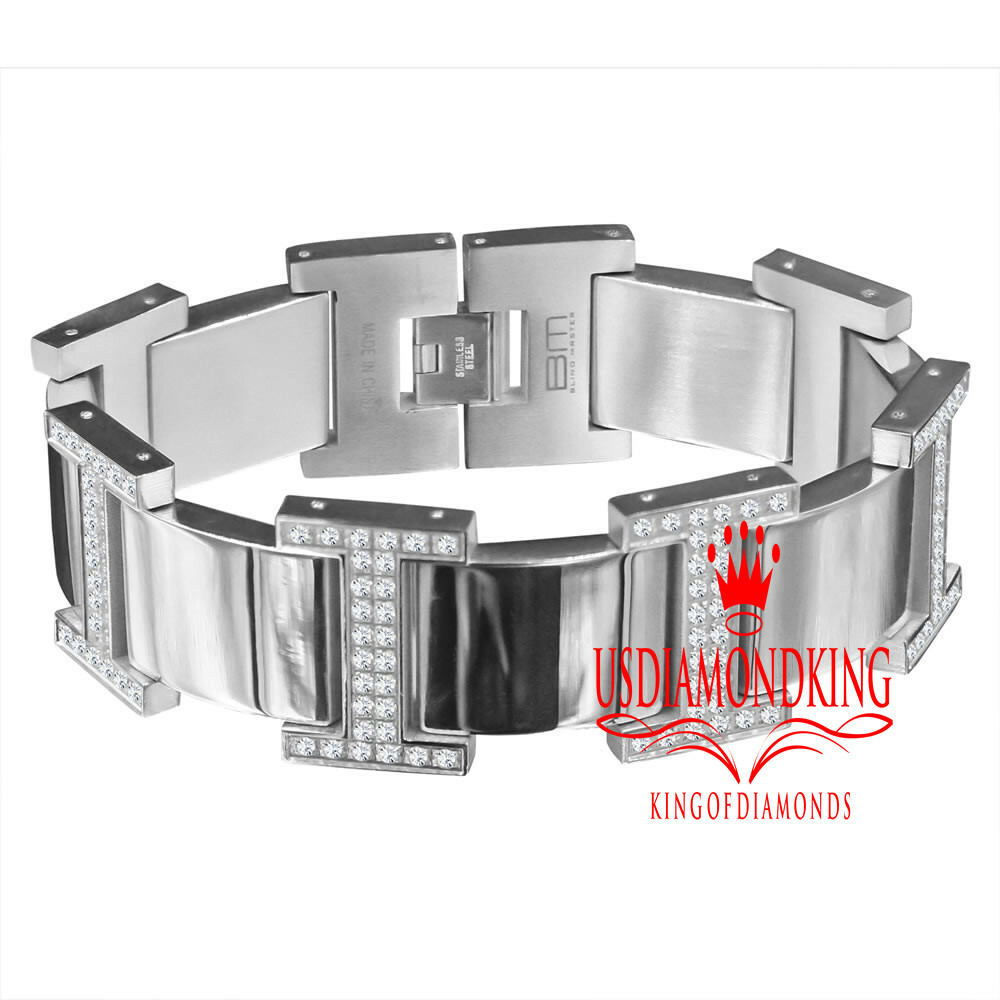 Custom Heavy 14K Gold Finish Lab Diamond Mens Stainless Steel Bracelet