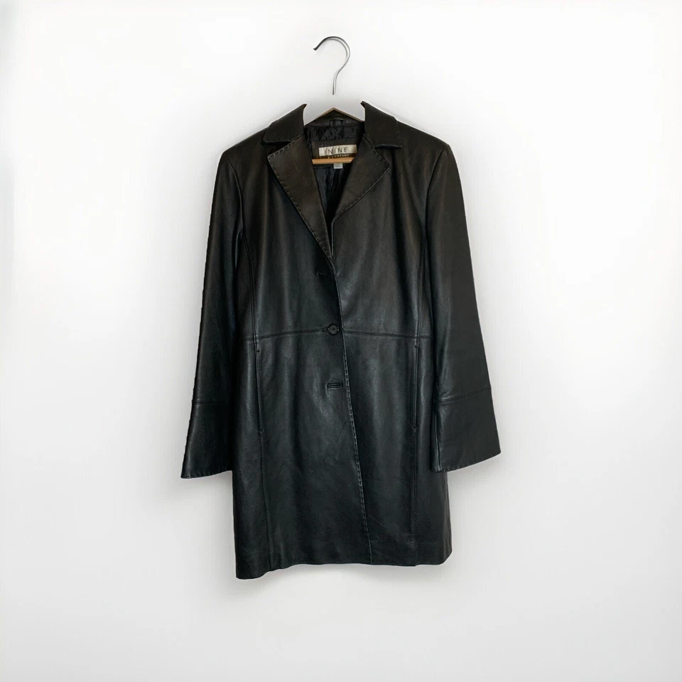 Nine Company Soft Leather Coat Black Button Lined Sz M Grunge Y2K Matrix - Image 2 of 4