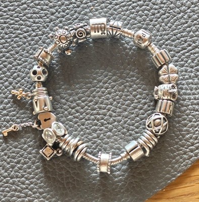 Original PANDORA Schlangen- Gliederarmband 925 Silber viele Charms  21 cm Ale