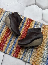 Vintage Women's Real Fur Wedge Ankle Boots Brown Leather Platform Booties Y2K
