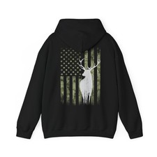 Deer Hunting Hoodie, Whitetails Hunter Camouflage American Flag Hoodie on back 
