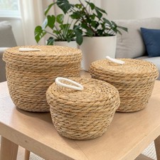 Natural Seagrass & Cotton Round Baskets with Lids - Set of 3