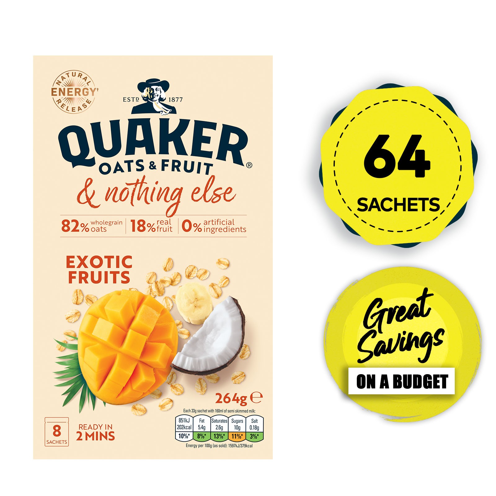 Quaker Oats Porridge Exotic Fruits Mango Banana Coconut Sachets 64 x 33g Sachets