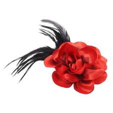 Rose Flower Brooch, 4.3 Inch Satin Fabric Feather Flower Brooch Pin, Red