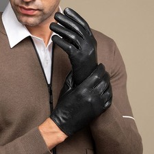 Men's Driving Thin Breathable Touch Screen Real Leather Full Finger Gloves