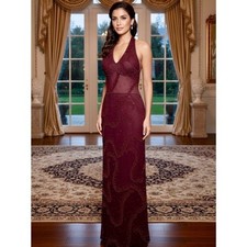 Elegant Sleeveless hand Beaded Evening Gown - Burgundy