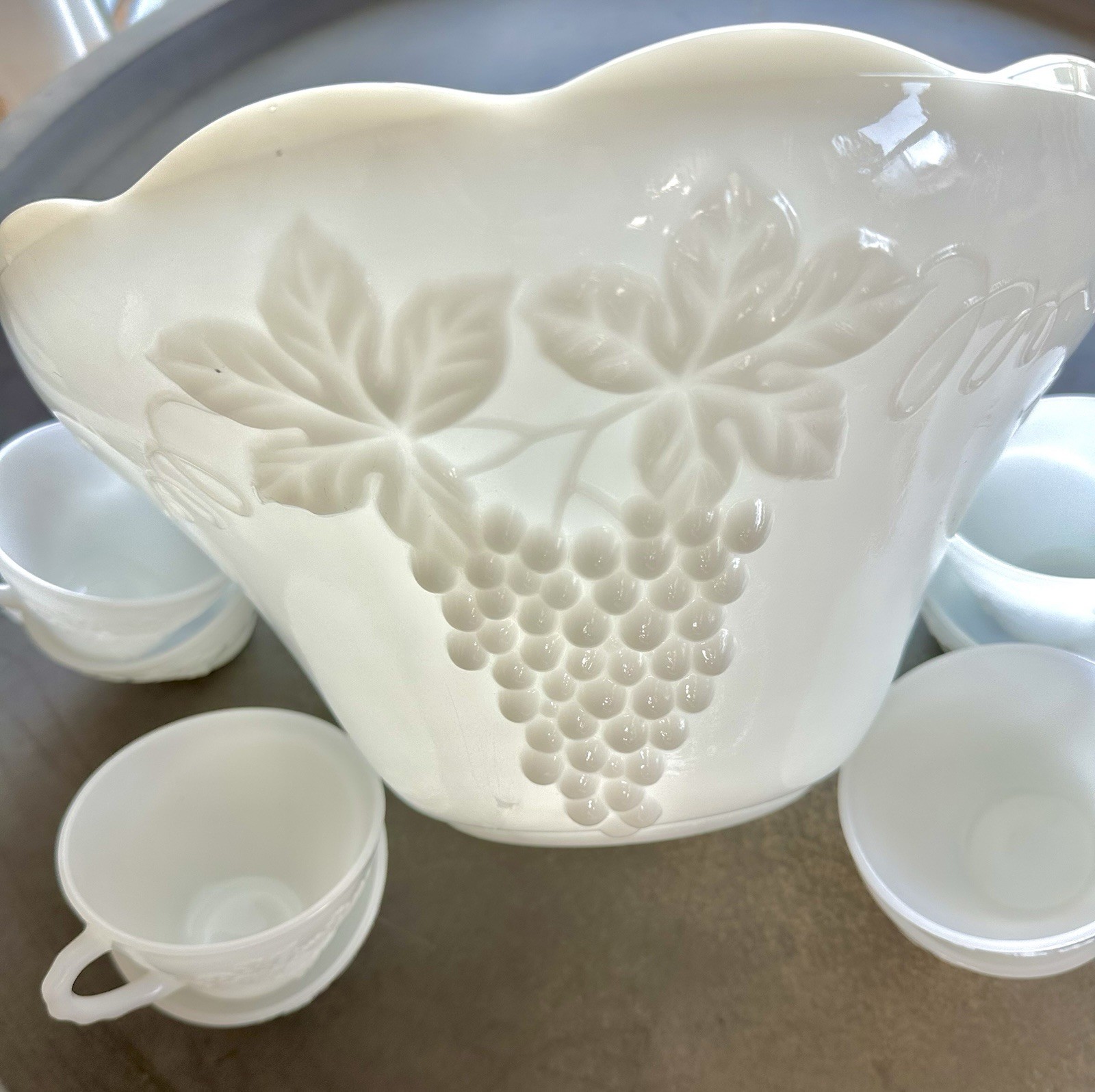Vintage Anchor Hocking Milk Glass Grapevine Punch Bowl Set, with 10 cups Classic