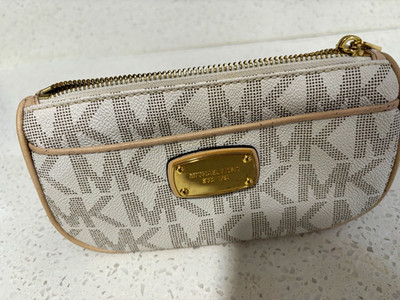 Michael Kors Beige Logo Zip-Around Wallet with Credit Card Slots Gold Hardware
