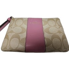 Coach NY Wristlet Corner Zip In Signature Tan  Pink Wallet Card Holder 6" X 4"