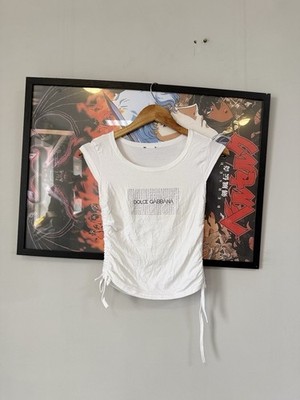 Vintage DOLCE & GABBANA Rhinestone Logo Ruched Top White Y2K Italy Drawstring S