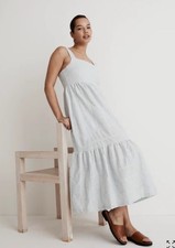 Madewell Maxi Dress Cicely Tiered Midi Patchwork Blue White Size 4 Seersucker