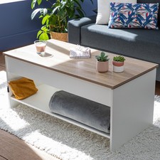Table basse avec plateau relevable blanche et bois HEDDA