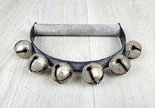 Vintage Christmas D Sleigh Bell Hand Instrument Wood Handle Leather Strap Rustic