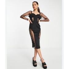 ASOS DESIGN Black Beaded Sheer Sleeve Sweetheart Neck Midi Dress Size 14