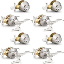 Probrico 4 Pack Keyed Alike Entry Handlset with Single Cylinder Deadbolts Combo