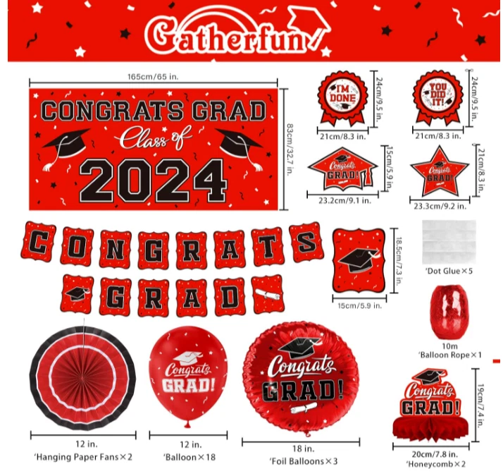 Выпускной украшения 2024 лот красный/черный тарелки/салфетки/воздушные шары/карточка коробка * читать - Изображение 3 из 4