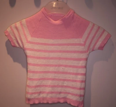 Vintage Strick Shirt Kurzarm rosa weiß gestreift 80 86 *** mit Löcher, geflickt - Bild 1 von 4