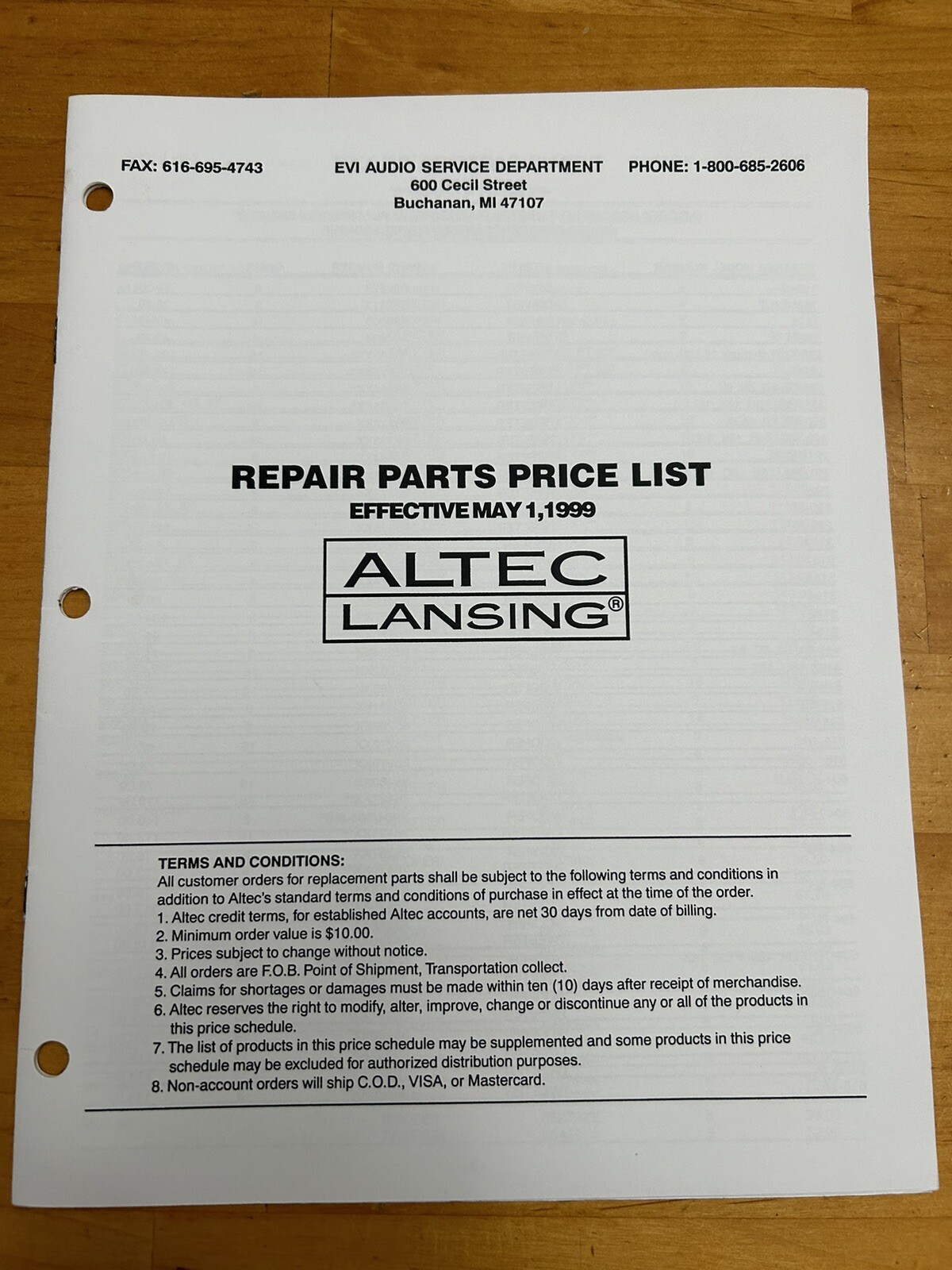 EVI Audio Repair Parts Price List for Altec Lansing 1999 Vintage Service