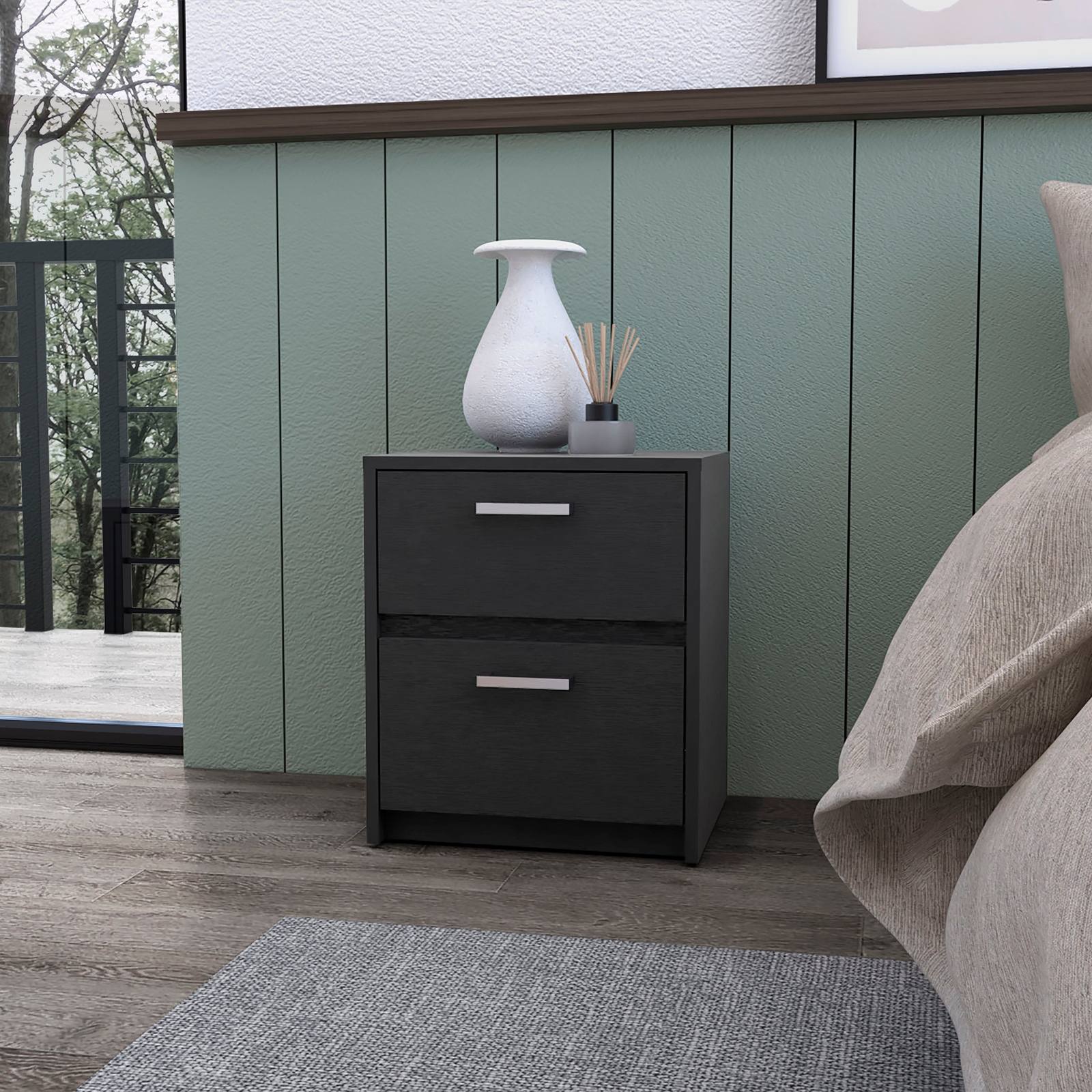 Black 2-Drawer Bedside Table for Compact Storage