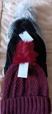 Women Faux Fur Pom Pom Beanie Hat Lot Red Gray Black Cable Knit Cuffed One Size
