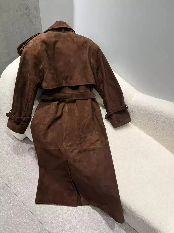 女式正品真皮麂皮绒长风衣棕色 XS S M L XL 2XL — 第 2/4 张图片