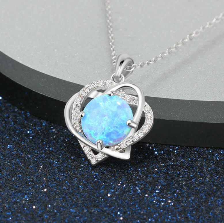 E05 Cuore 2 Cuoricini Blu Opale di Fuoco Argento Sterling 925 Rimorchio E Catena - Immagine 3 di 4