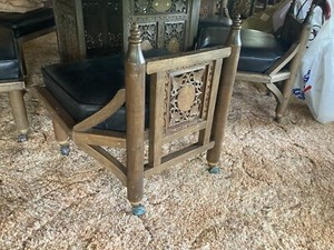 Vintage MCM carved Tea Table Inlaid Wood low Stools table 6 Ps Set