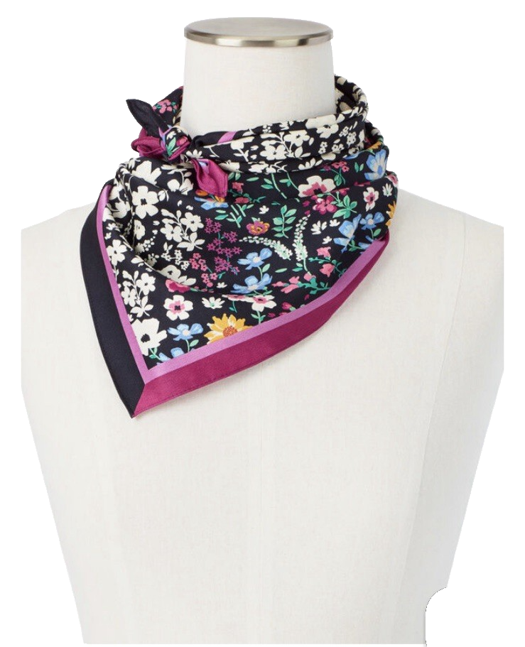 Talbots Black Floral Square Scarf with Pink Border Vibrant Colorful Flowers