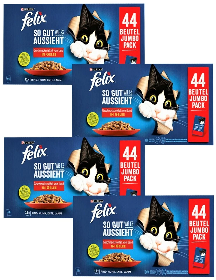 4x Felix Jumbopack vom Land (€ 4,81/kg) mit Huhn Ente Rind Lamm Gelee 176 x 85g