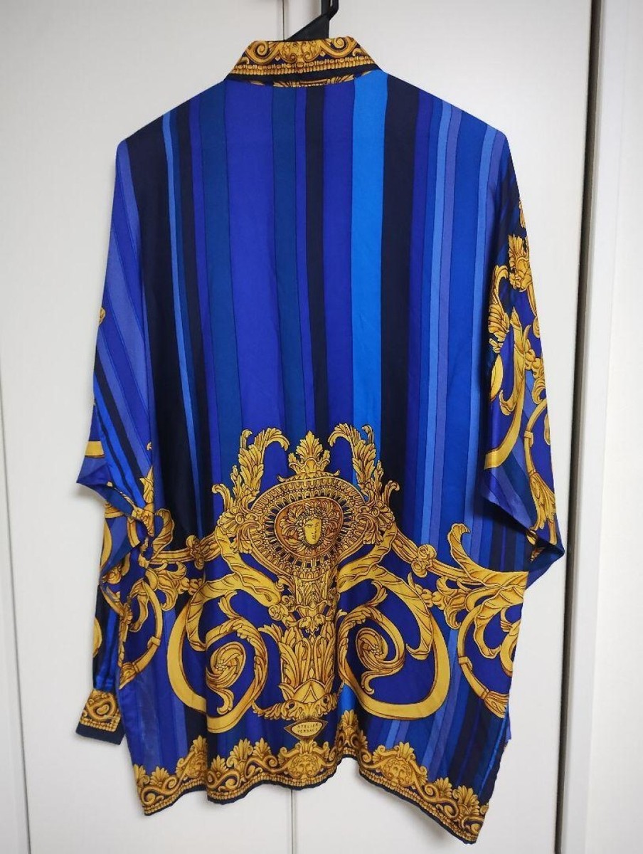 GIANNI VERSACE◆長袖シャツ/--/シルク/BLU Men's Blue Silk Shirt w/ Baroque Pattern GIANNI VERSACE, EU