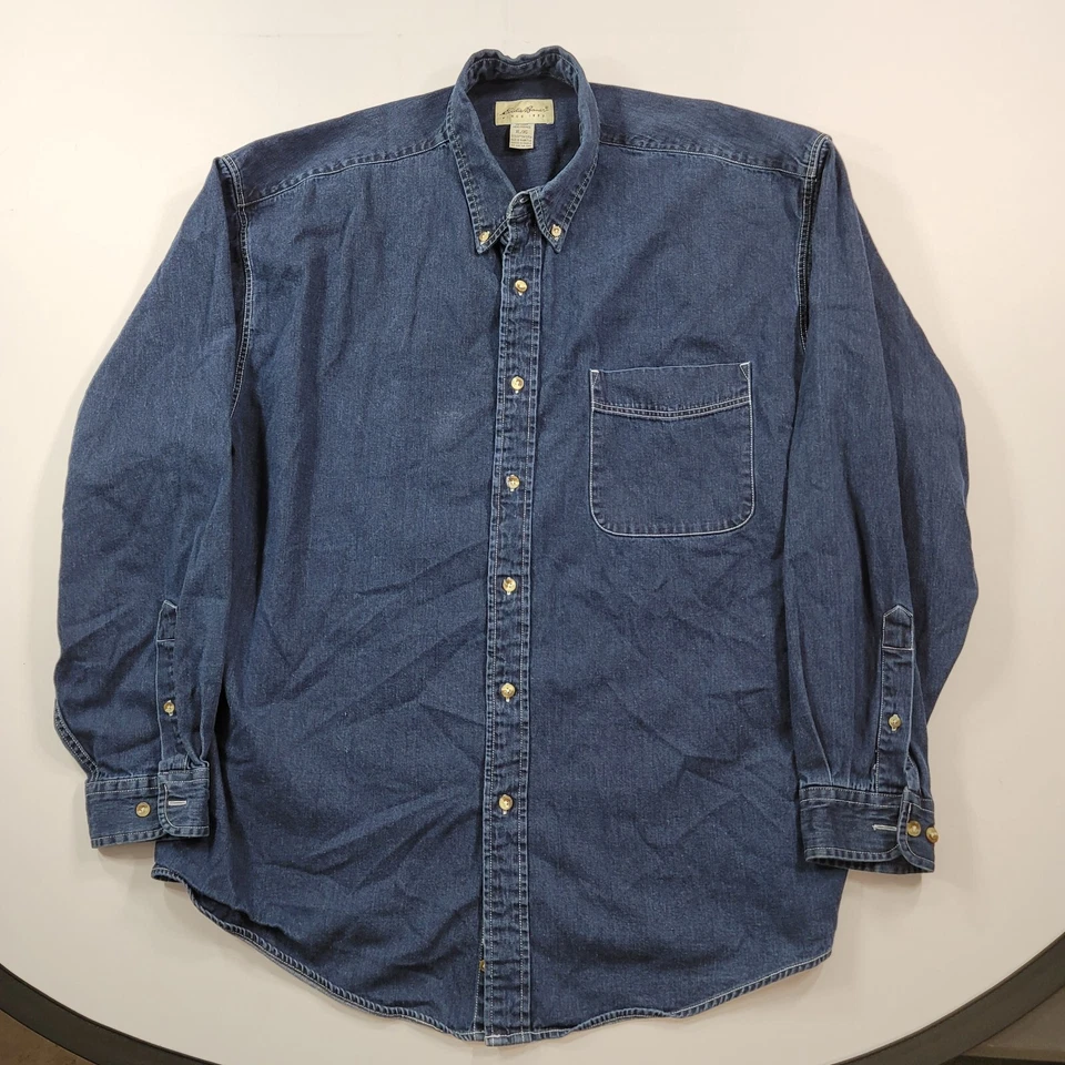 Camisa Denim Eddie Bauer De Colección Para Hombres XL Azul Jean Años 90 Suelta Y2K Manga Larga Foto 2 de 4
