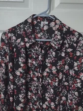 ELLE Black Floral Semi Sheer Button Up Long Sleeve Top Large 